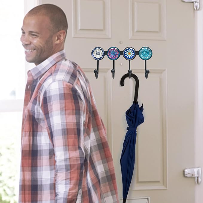 Coat Rack Wall Mounted with 4 Hooks, Round Blue Pattern Decorative Wall Hooks