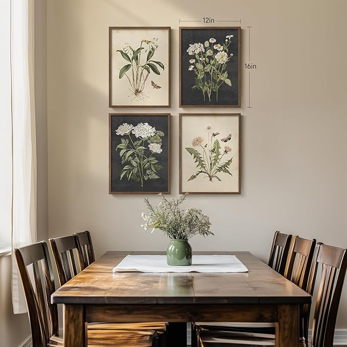 Framed Botanical Wall Art for Living Room, 4 Piece Rustic Floral Canvas
