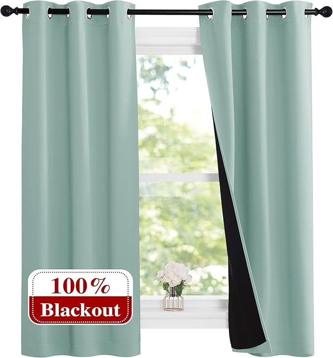 NICETOWN Aqua Blue 100% Blackout Lined Curtains, 2 Thick Layers Narrow Wide