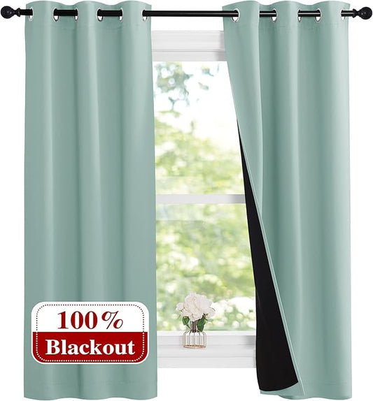NICETOWN Aqua Blue 100% Blackout Lined Curtains, 2 Thick Layers Narrow Wide