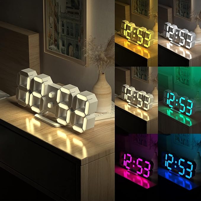 3D LED Digital Wall Clock 9.7" RGB Neon Alarm Clock, Large Display Desk/Wall