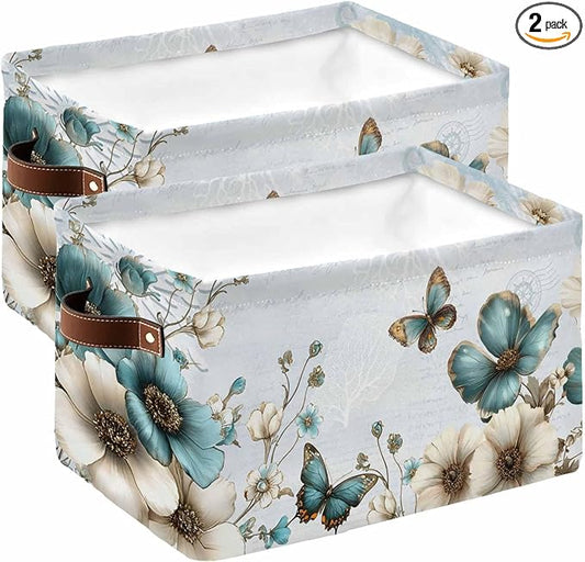 Teal Tulip Butterfly Storage Bins Cubes Waterproof Cloth Storage Basket,Beige Turquoise Floral Blue Coastal Foldable Storage Bags for Shelf Clothes Storages Organizers with Handles 15x11x9.5 in 2PCS