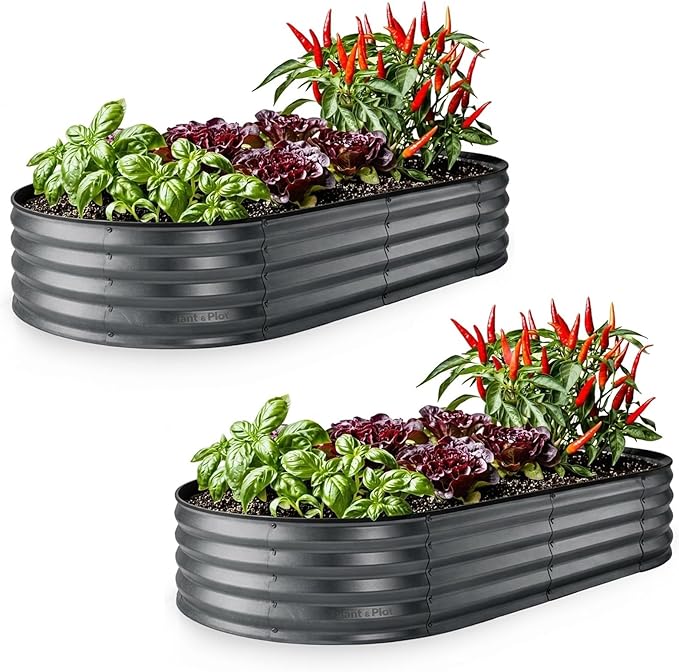 Plant & Plot Galvanized Raised Garden Beds Outdoor // 6Ã3Ã1 ft (2-Pack) Planter Raised Beds for Gardening, Vegetables, Flowers // Large Metal Garden Box // Patented Tool-Free Design (Gray)