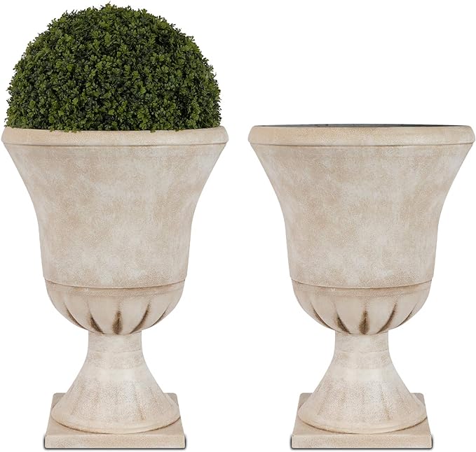 Worth Garden Plastic Urn Planters for Outdoor Plants, Tree 22'' Tall 2 Pack Round Classic Resin Flower Pots Indoor Beige Traditional Front Porch 15 in Dia. Large Imitation Stone Decorative Patio Deck