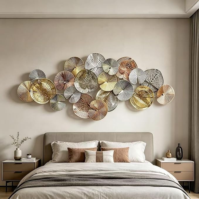 Roivikis Large Metal Wall Art Decor, 3D Abstract Lotus Leaves Wall Art, Handcrafted Modern Metal Wall Sculpture for Living Room, Bedroom, Entryway, Gold & Silver Tone