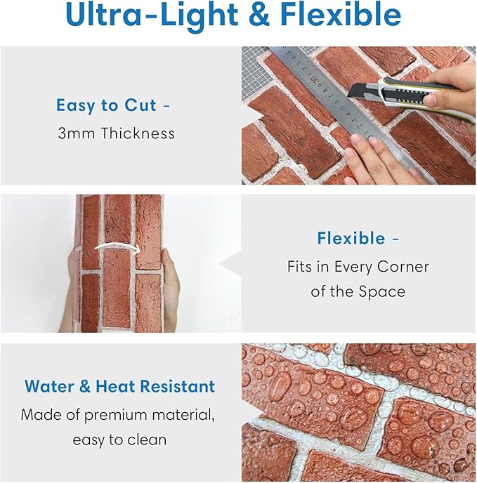 COMSTICKC 3D Red Faux Brick Wall Panel Peel and Stick, Not Real Tile, Small