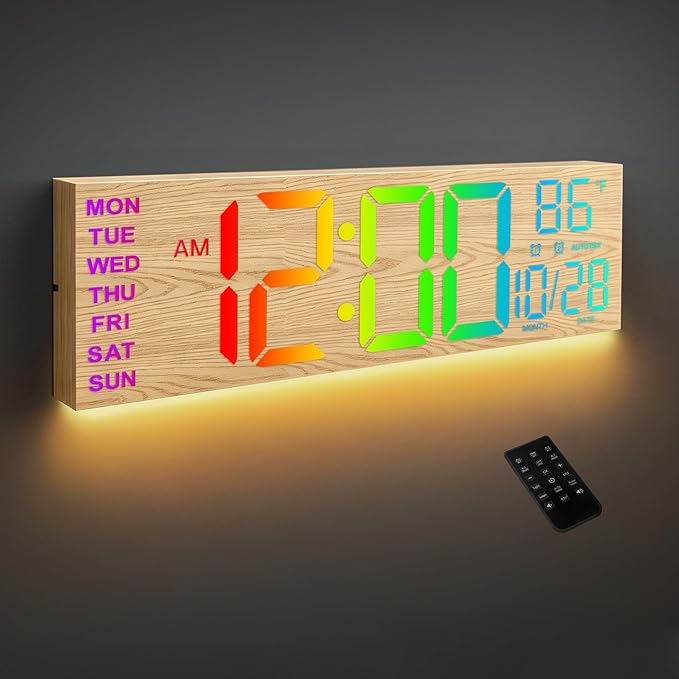 HAITANG 16.2" Large Digital Clock， 8 Colors Decorative Wood Wall Clock