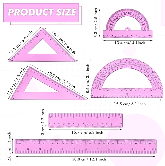 Tenare 6 Pcs Plastic Ruler Math Set Includes 12 Inch 6 Inch Straight Protractor Triangle Geometry Transparent Math Ruler Measuring Tools for School Office Home(Pink)