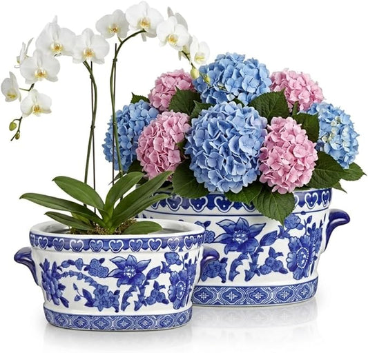 Blue and White Ceramic Planter Pot â Vintage Floral Oval Cachepot Vase for Indoor Plants, Flowers & Succulents â Glazed Chinese Porcelain Style Decorative Bowl â 7.4" or 10.6" Size â No Drainage