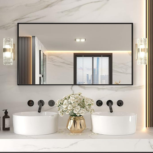 LOAAO 55"X30" Black Rectangle Bathroom Mirror Wall, Matte Black Aluminum Alloy
