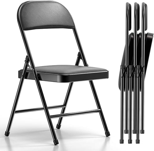Nazhura 4 Pack Folding Chairs with Padded Vinyl Cushion Chairs with Comfortable Cushion and Durable Steel Frame for Home and Office, for Indoor and Outdoor Events (Black, Vinyl)