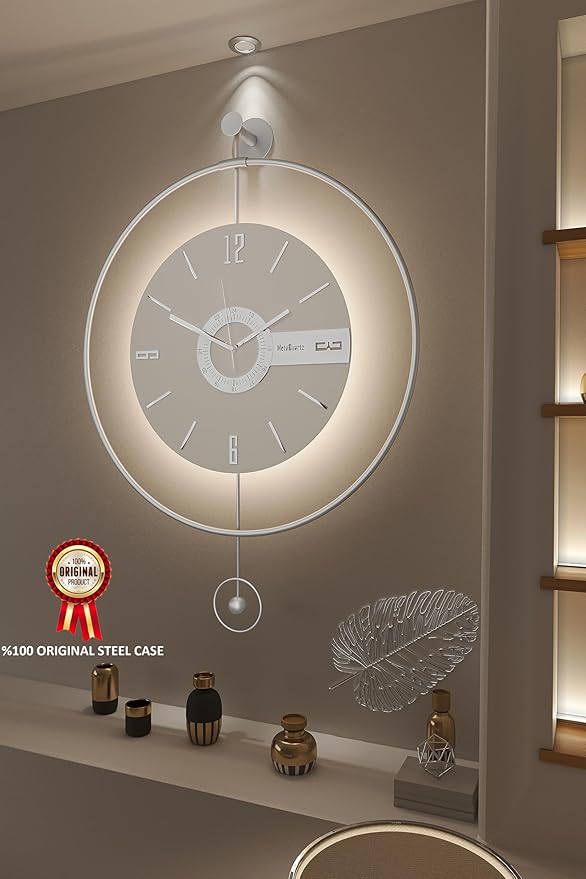 Large Luxury LED Backlit Wall Clock – Pendulum Roman Numeral Metal Ring