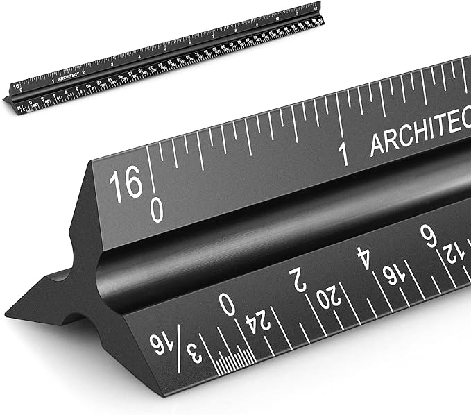 12" Architectural Scale Ruler Aluminum Architect Scale Triangular Scale Ruler for Architects, Draftsman, Students and Engineers, Black