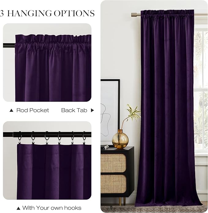 NICETOWN Purple Velvet Curtains 90 inches Long 2 Panels Set, Thermal Insulated