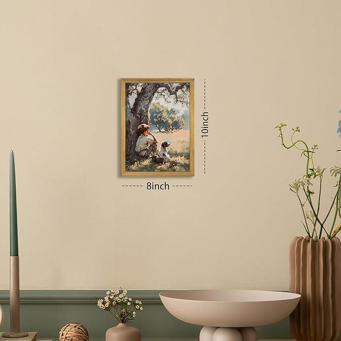 Wood Framed Canvas Wall Art, Vintage Boy and Dog Painting Poster, Countryside