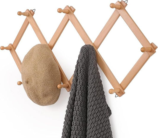 SCUNDA Wall Rack with 10 Hooks, Wooden Wall Expandable Coat Rack