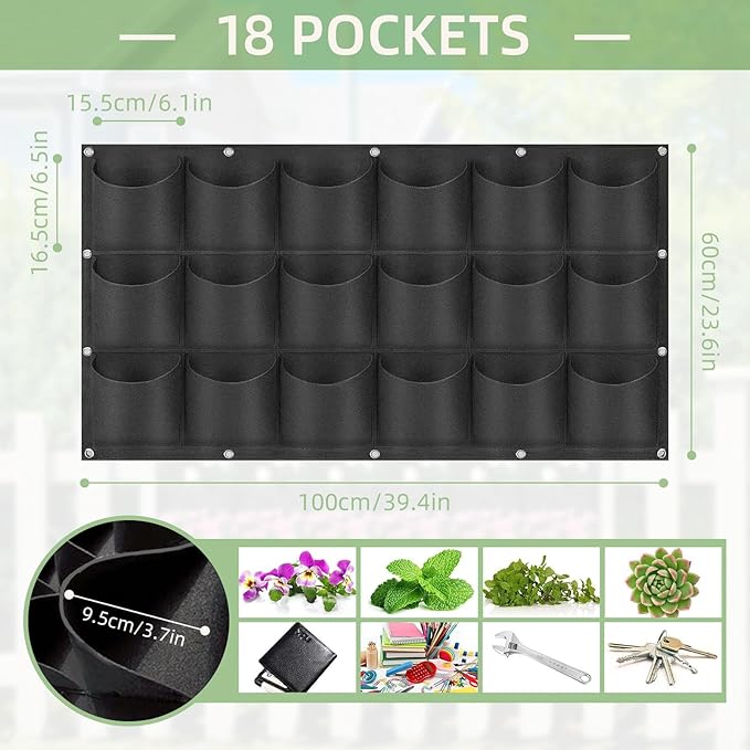 LITLANDSTAR 18 Pockets Hanging Grow Bags, 2 Pack Horizontal Wall Planter Plant