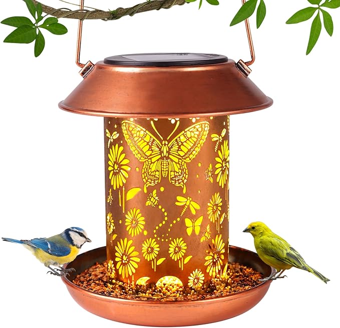 Solar Bird Feeders for Outdoors Metal Butterfly Lantern Hanging on a Tree Metal Wild Bird Feeder Decoration for Patio,Yard,Lawn,Pathway,Summer Garden Decor Gifts for Bird Lovers Mom Friends