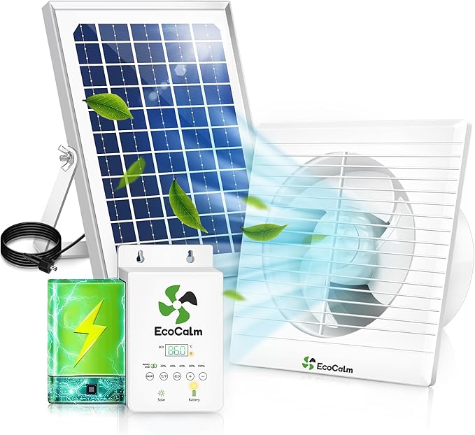 Solar Powered Fan with Battery and Adjustable Thermostat, 6â Solar Fan for Chicken Coop with 12W Bifacial Solar Panel, Outdoor Greenhouse Exhaust Fan with Anti-backflow Valve