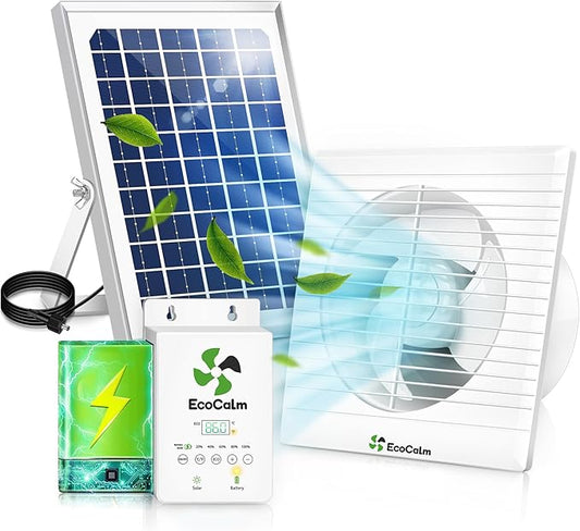Solar Powered Fan with Battery and Adjustable Thermostat, 6â Solar Fan for Chicken Coop with 12W Bifacial Solar Panel, Outdoor Greenhouse Exhaust Fan with Anti-backflow Valve