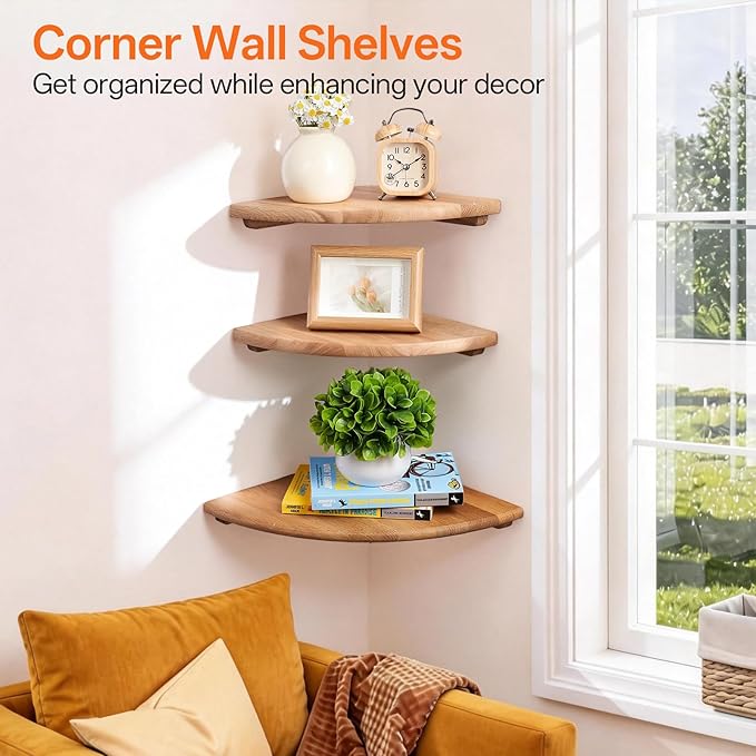 Gieanoo Corner Wall Shelf, 12inch Solid Oak Wood Floating Corner Shelf