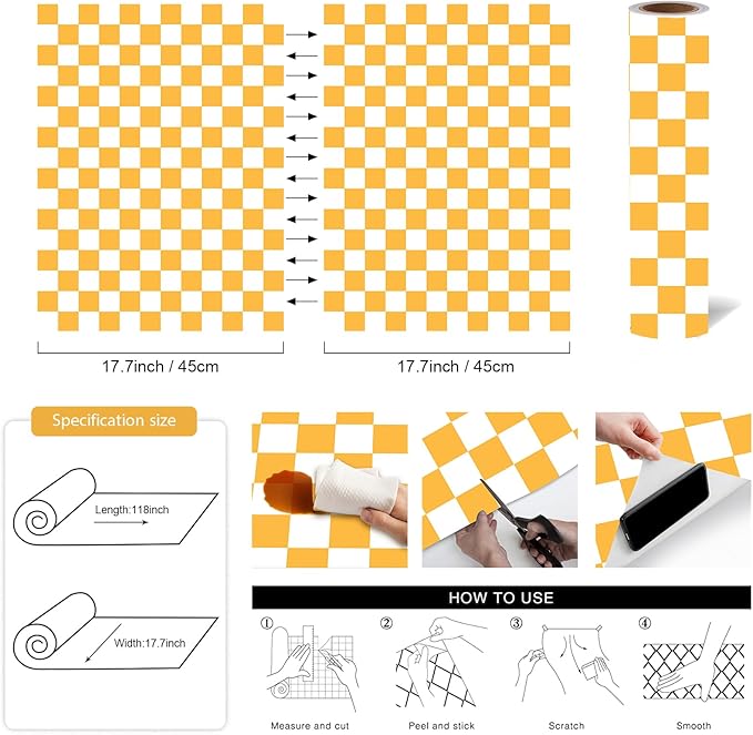 Modern Peel and Stick Wallpaper Orange and White Mosaic Checkered Contact Paper