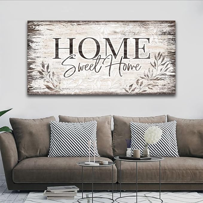 arteWOODS Home Sweet Home Wall Art Sign Large Dark Brown Farmhouse Wall Sign for Living Room Decoration Wooden Board Design Canvas Prints Modern Rustic Artwork Leaf Pictures Wall Decor 29" x 58"