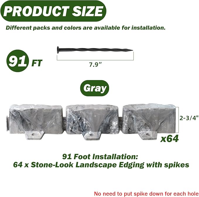 Landscape Edging Garden Edging Border Faux Stone Edging,91FT x 2.75 in Tall Decorative Stone-Look Garden Border for Flower Bed Edging,Yard Edging,Lawn Trees and Gardens,with Anchoring Spikes,Gray