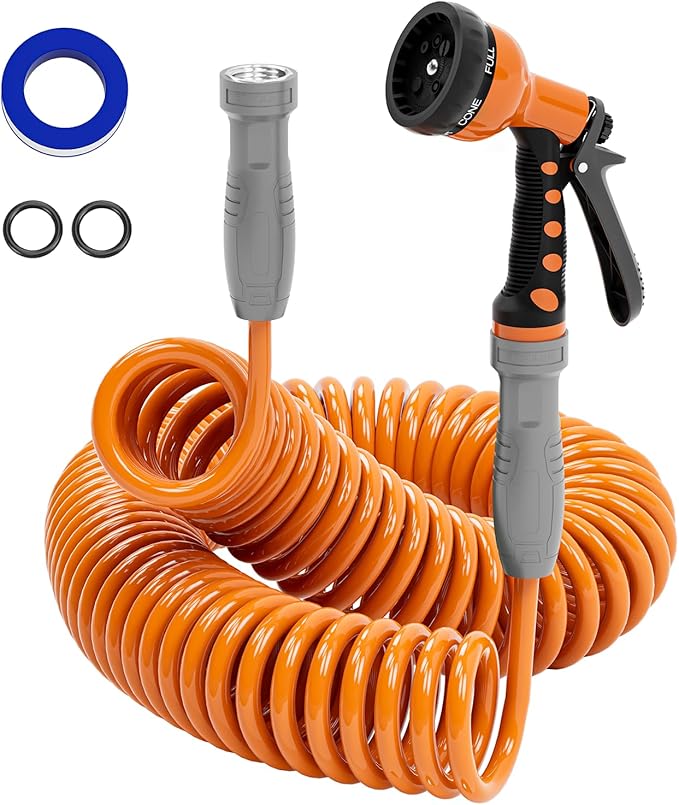 3/8â Lightweight Coil Garden Hose 50 FT, EVA Retractable Curly Water Pipe with 6-Pattern Spray Nozzle for Boat, Greenhouse, Yard, Patio (Orange)
