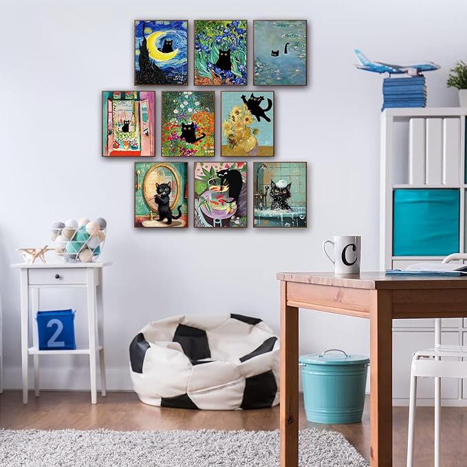 9Pcs Funny Black Cat Wall Art Cats in van gogh Famous Paintings Posters Prints