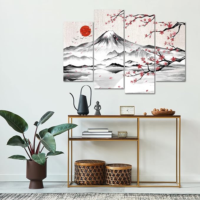 LyerArtork 4 Panel Japanese Ink Painting Wall Art Mount Fuji