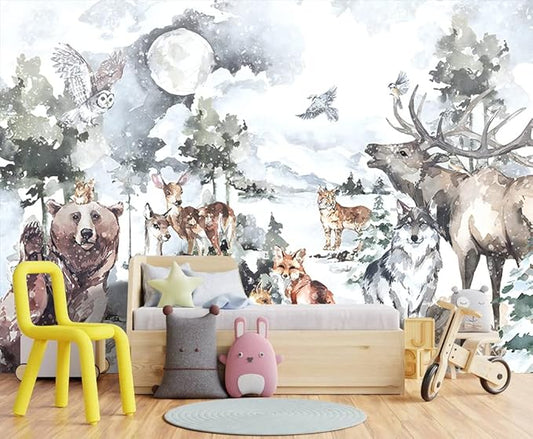 Boys or Girls Cartoon Watercolor Animals wallpeper Nursery Kids Bedroom wall