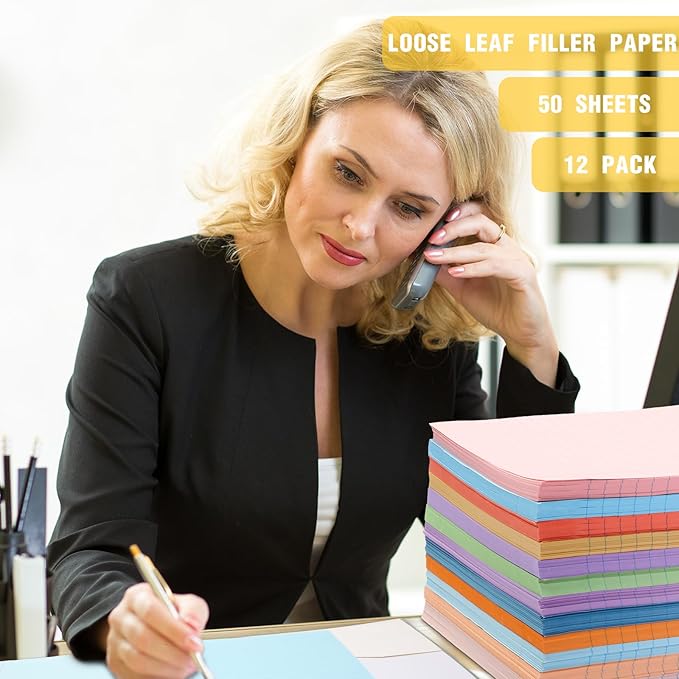 PerKoop 600 Sheets Colored Loose Leaf Paper 8.5" x 11" college ruled Lined 3 Hole Punched notebook Filler Paper for 3 Ring Binders Office School Supplies (Many Color)