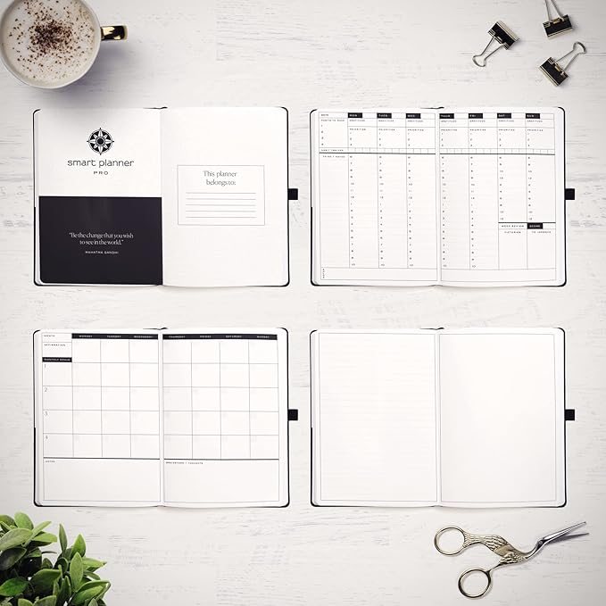 Smart Planner Pro – Undated Daily Planner – Medium B5 – Achieve Goals & Increase Productivity with Weekly, Monthly, Work Sections - Organizer Planner with Back Pocket, 3 Satin Bookmarks & Pen Holder
