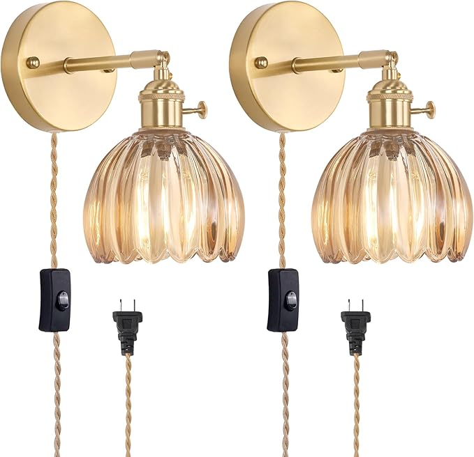 Shenmoyl Plug in Wall Sconce, Amber Tulip Glass Lampshade Wall Light Plugin