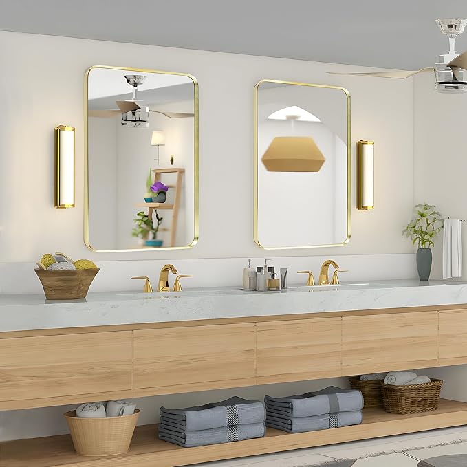 Wall Mount Mirror for Bathroom, Brushed Gold Metal Framed Rounded Corner