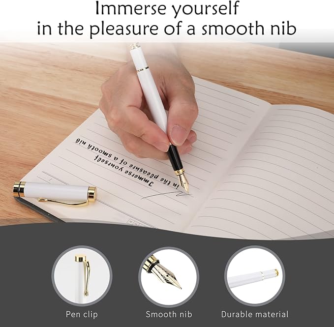 Tiankool Luxury Fountain Pen,Fine Nib, Exquisite Pen Gift Set for Men&Women-Includes 10 Ink Cartridges&Ink Converter- Nice Pens - White