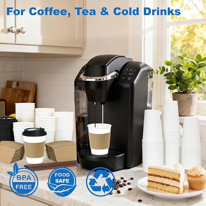 Coolcap 12 oz 500 Pack Coffee Cups with Lids and Sleeves, Straws, Hot Disposable To Go Travel Paper Cups Bulk for Office, Home Coffee Bar Accessories, Chocolate, Cocoa, Beverage (White)