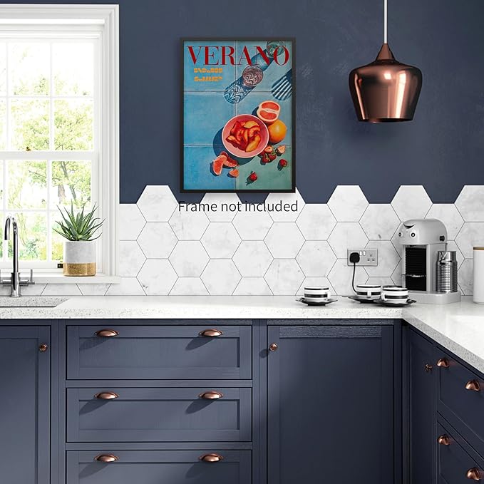 jkahh Summer Travel Food Fruit Wall Art Retro 70s Blue Posters Trendy Orange
