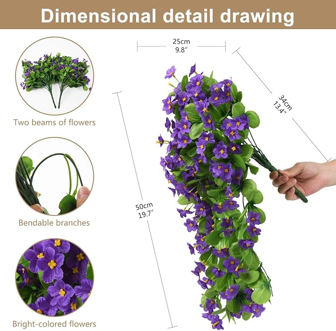 ZFProcess 2PCS Artificial Hanging Flowers, Fake Hanging Plants Violet Vines UV