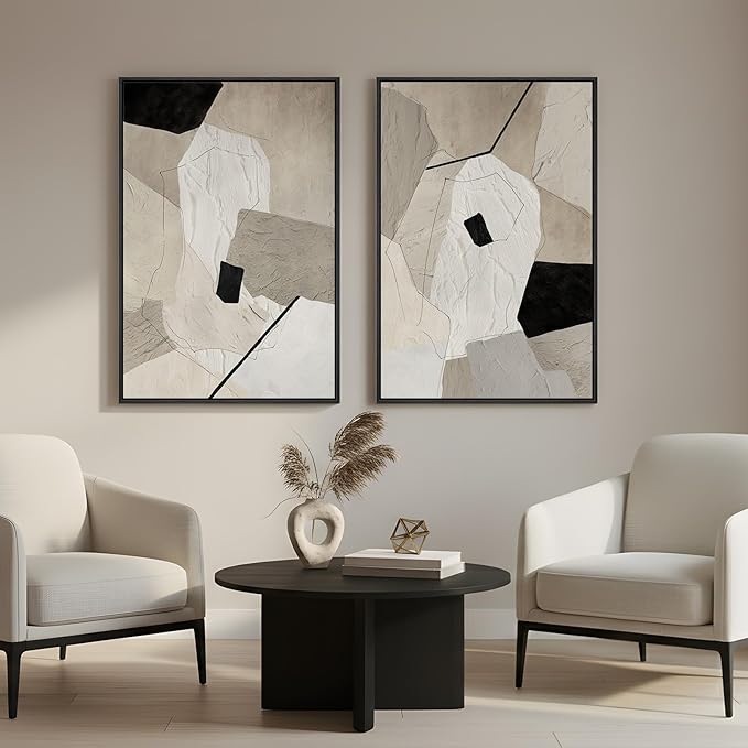 Framed Neutral Beige and Black Abstract Wall Art