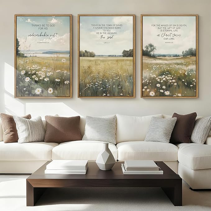 Anyzal Large Christian Framed Wall Art 16x24 Inch Bible Scripture Canvas Wall Decor Easter Farmhouse Wildflower Paintings Set of 3 for Living Room Bedroom Dining Room