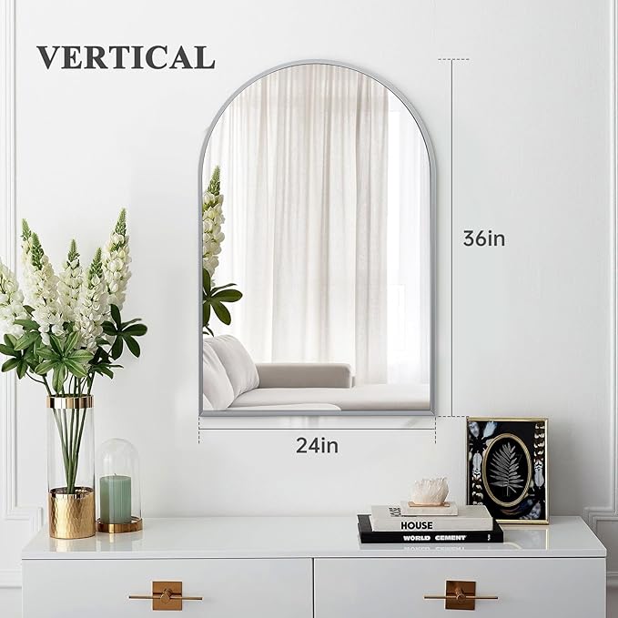 24" x 36" Silver Arched Mirror, Modern Aluminum Alloy Metal Frame, Arch
