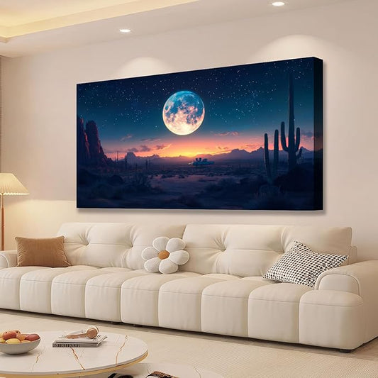 JLXART Landscape Wall Art Moon Desert Landscape Wall Art Night Wall Decor Cactus Canvas Prints Mountain Poster Pictures For Living Room 24X48inch
