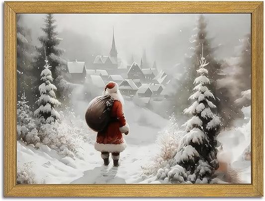 Vintage Christmas Canvas Wall Art, Wood Framed Santa Claus Wall Decor Painting