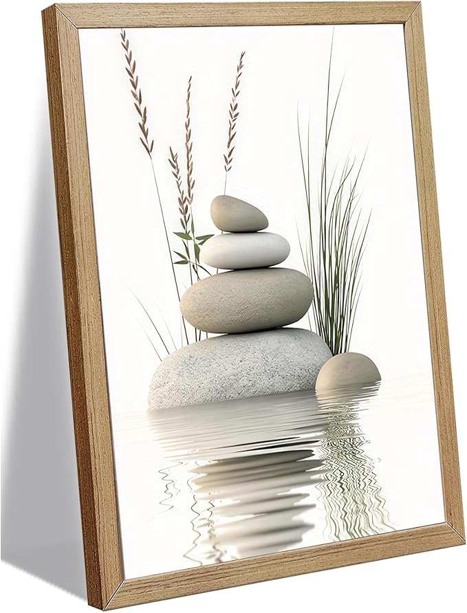 Wooden Frame Zen Stone Canvas Wall Art, Stacked Stones in Water Poster Print.