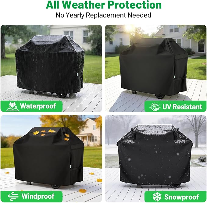 Grill Cover 55 Inch, Heavy Duty Waterproof BBQ Grill Cover for Outdoor Grill, 3-4 Burner Gas Barbecue Grill Cover for Weber, Char-Broil, Nexgrill, Windproof Protection, Black