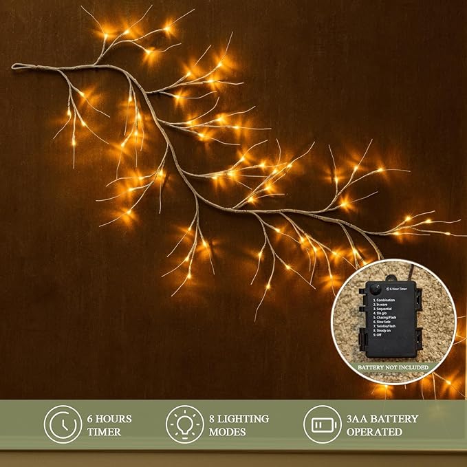 White Birch Garland with Lights 6ft 72LED, Battery Operated Twig Vine with Timer