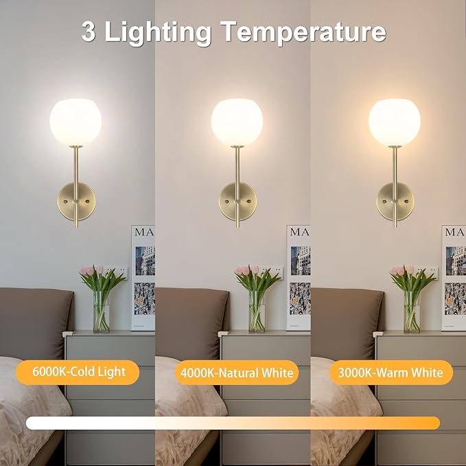 Brass Battery Operated Wall Sconces Set of 2, Rechargeable Wireless Wall Lights