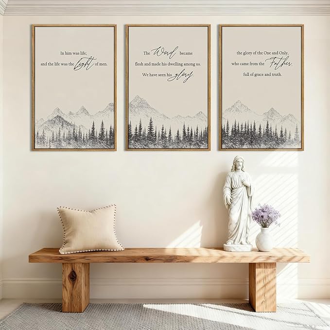 IARTTOP Large Christian Easter Framed Wall Art 16x24 Inch Neutral Mountain Forest Canvas Wall Decor Jesus Bible Verse Catholic Biblical Scripture Prints for Prayer room Living room Set of 3